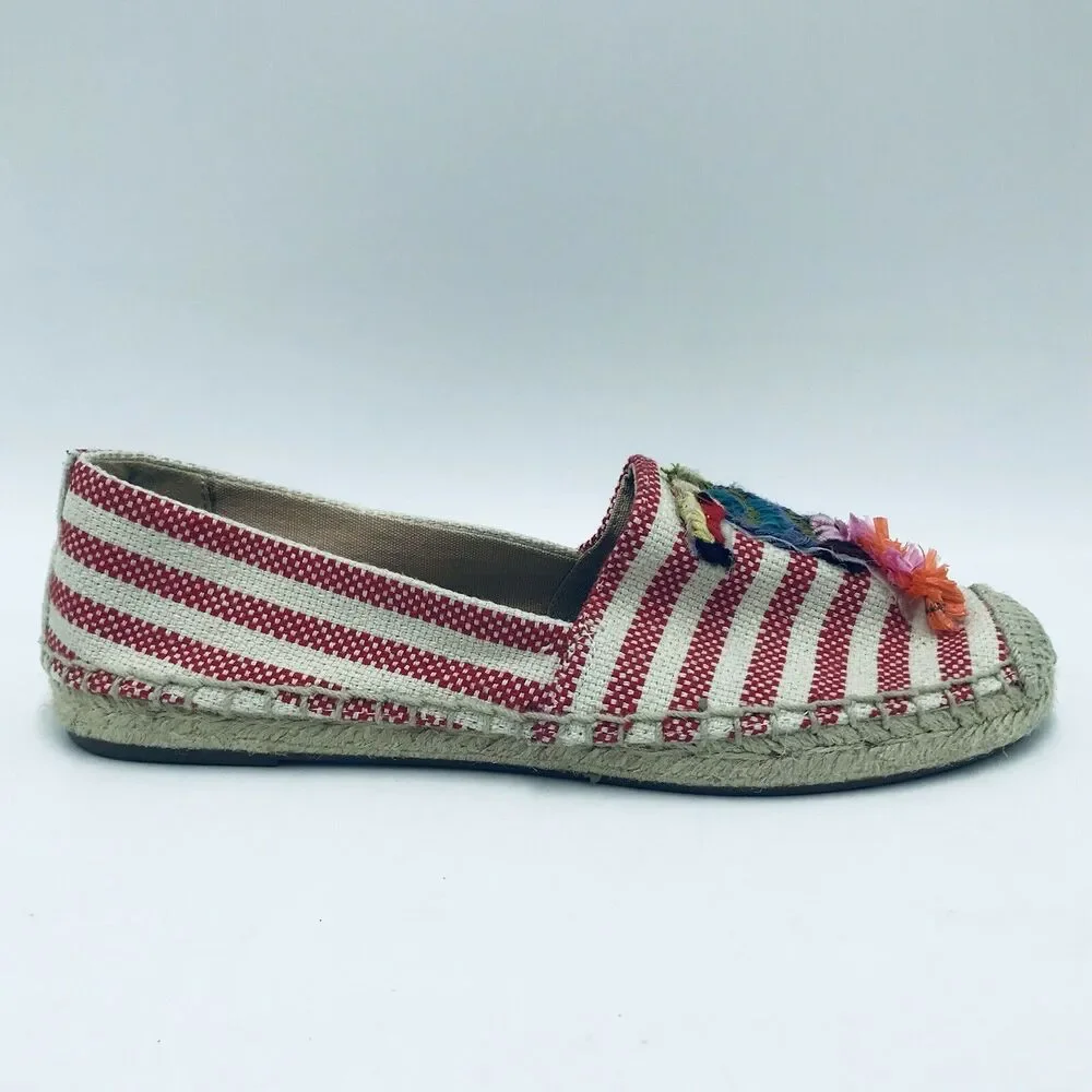 J Crew Women's 6 Island Espadrilles Slip On Flats Red Striped Parrot Palm Tree